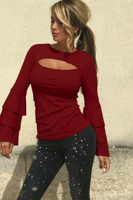 Solid Color Color Long Trumpet Sleeves Slim Blouse