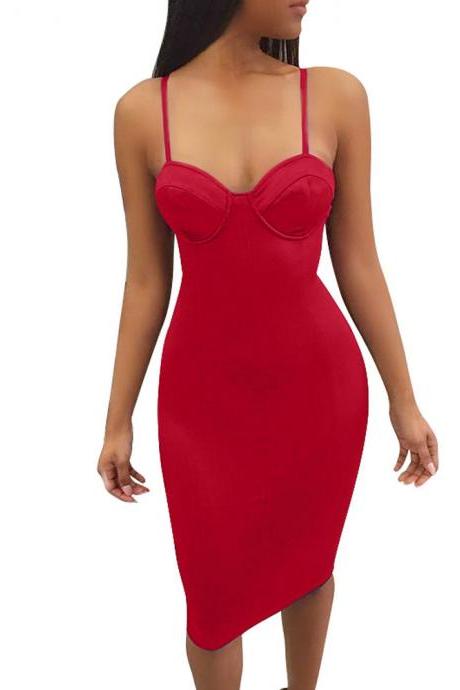 Spaghetti Straps with Padded Solid Color Knee-length Bodycon Dress