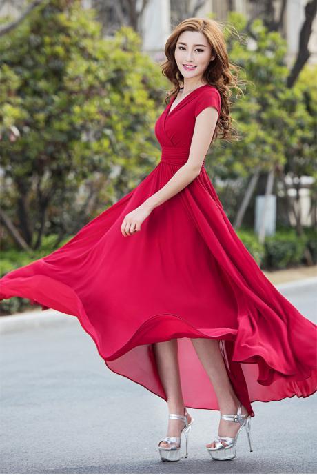 High Waist V-neck Short Sleeves Long Pleated Party Dress
