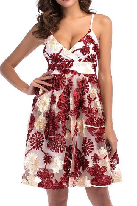 Lace Flower Spaghetti Straps Sleeveless V-neck Short Dress