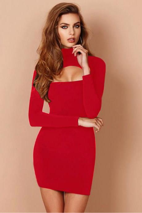 High Neck Cut Out Long Sleeves Slim Short Bodycon Dress