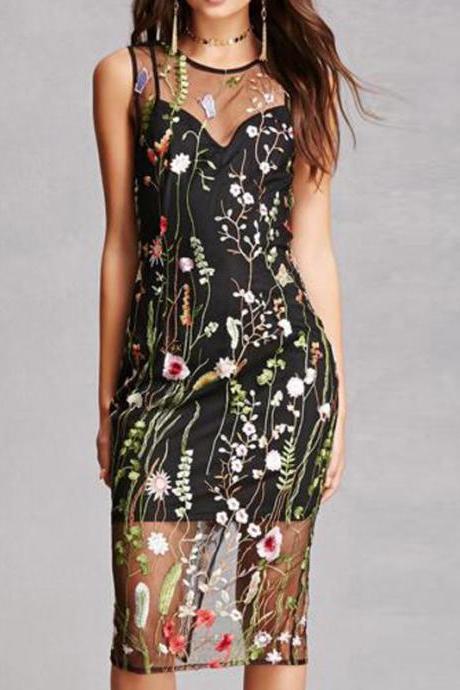 Flower Embroidery Transparent Faux Two Pieces Knee-length Dress