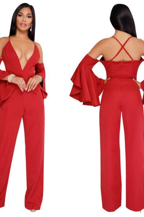 Loose 3/4 Trumpet Sleeves V-neck Spaghetti Straps Long Wide-leg Jumpsuits