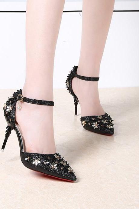 Flowers Stiletto Heel Pionted Toe Ankle Strap High Heels Party Shoes