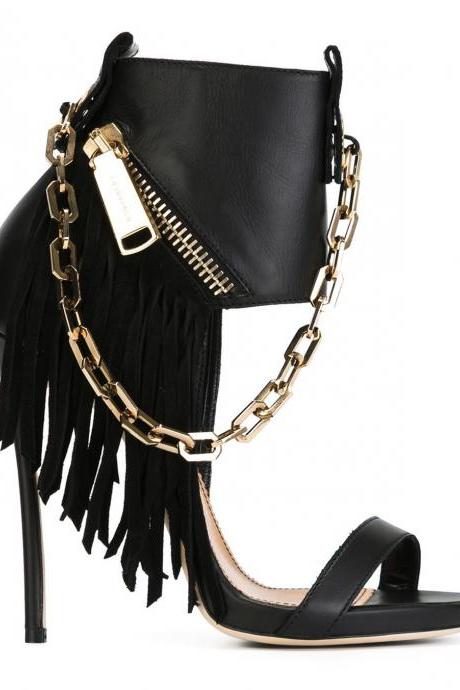 Chain and Zipper Decorate Open Toe Stiletto High Heel Sandals