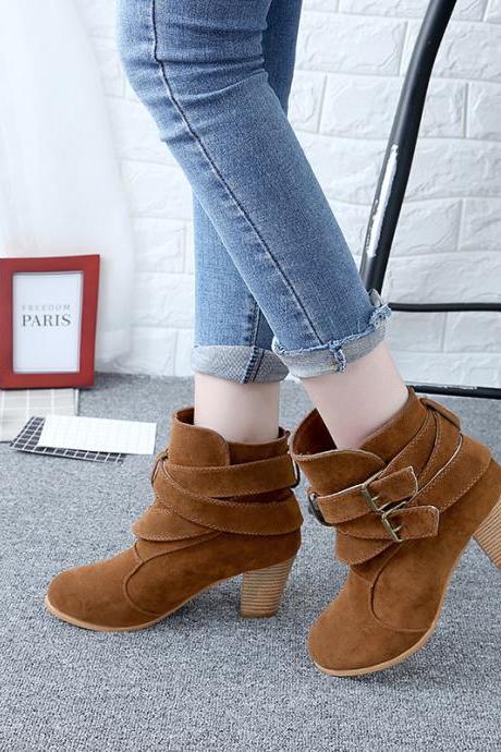 Belt Buckle Suede Chunky Heel Round Toe Ankle Boots