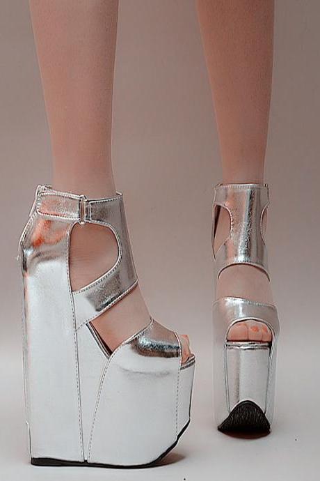 Zipper PU Peep-toe Super High Heel Wedge Sandals