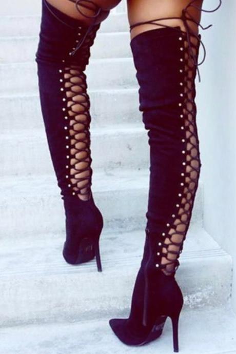 Back Lace Up Hollow Out Stiletto Heel Pointed Toe Over Knee Boots-sold Out