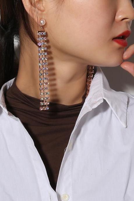 Fashionable Pearl Long Claw Chain With Diamond Tassel Earrings
