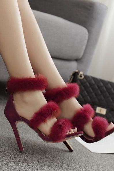 Rabbit Fur Open Toe Stiletto High Heels Sandals Party Shoes