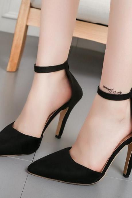 Faux Suede Pointed-Toe Ankle Strap High Heels Featuring Zipper Back 