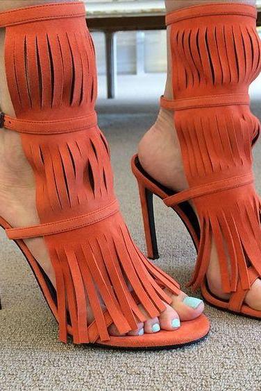 Tassels Candy Color Suede Open-toe Ankle Strap Stiletto High Heel Sandals