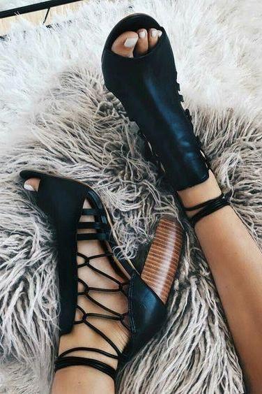 Lace Up Peep Toe Straps High Chunky Heel Sandals