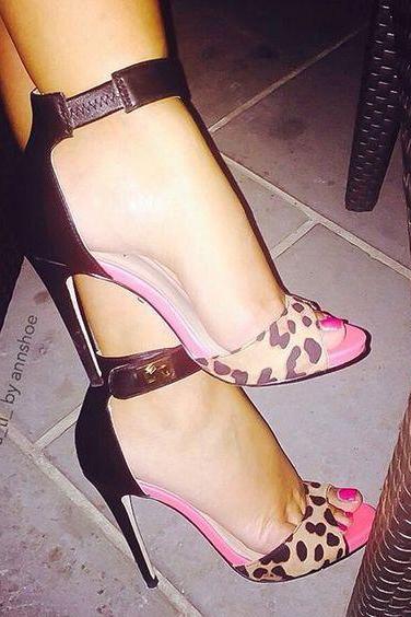 Open Toe Leopard Hasp Ankle Wrap Zipper Stiletto High Heel Sandals