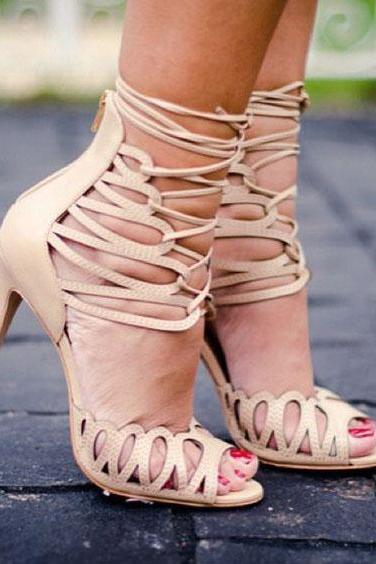 Cut Out Straps Peep Toe Ankle Lace Up Stiletto High Heel Sandals
