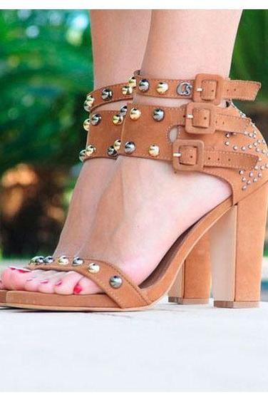 Rivets Hasp Open Toe Ankle Straps High Chunky Heel Sandals