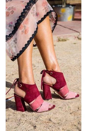 Color Block Suede Chunky Heel Peep-toe Lace-up High Heel Sandals
