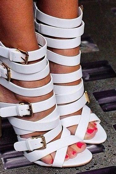 Straps Hasp Open Toe Back Zipper White High Heel Party Sandals