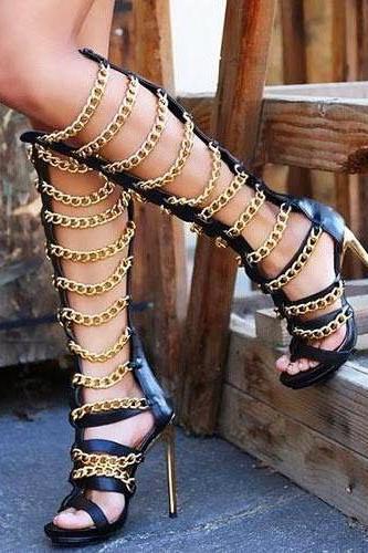 Gold Chain Open Toe Zipper Stiletto High Heel Long Boot Sandals