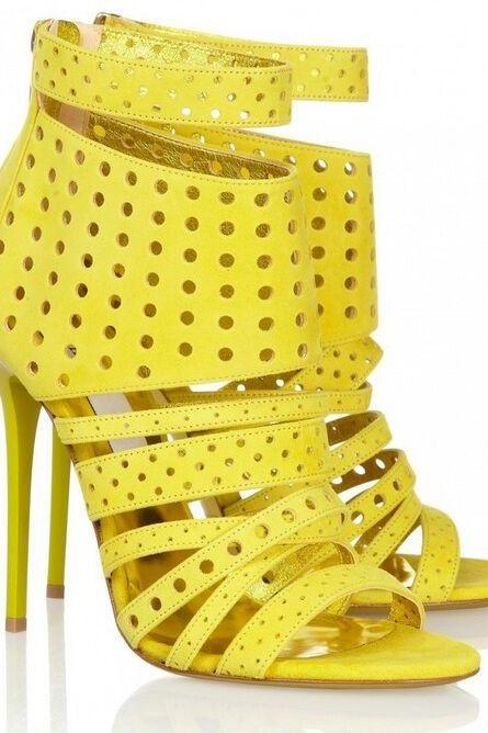 Yellow Hollow Out Straps Ankle Boots High Heel Sandals