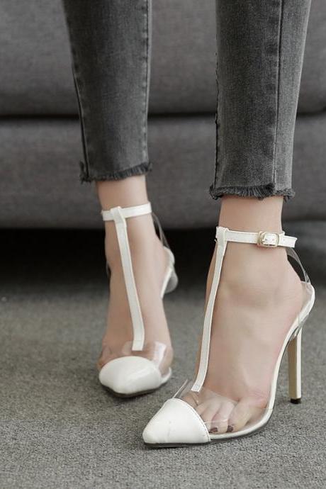Transparent Patchwork Pointed Toe Ankle Wrap Stiletto High Heels