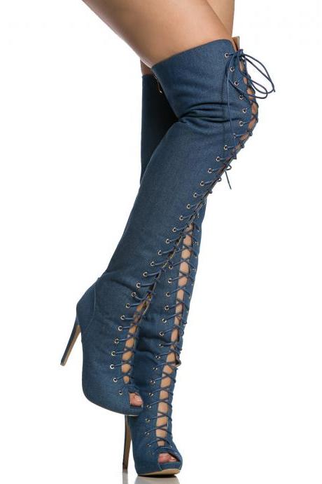 Straps Lace Up Stiletto Heel Peep-toe Over The Knee Long Sandals Boots