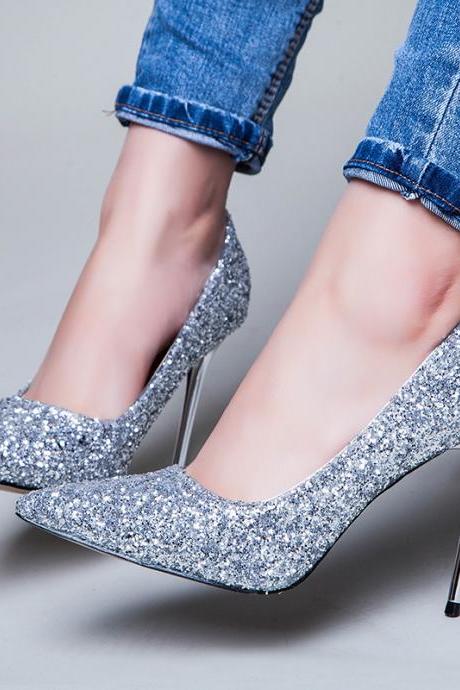 Sequins Shinning Low Cut Pointed Toe Stiletto High Heels Party Shoes