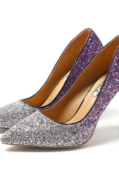 Gradient Color Shinning Sequins Pointed Toe Stiletto High Heels Party Shoes
