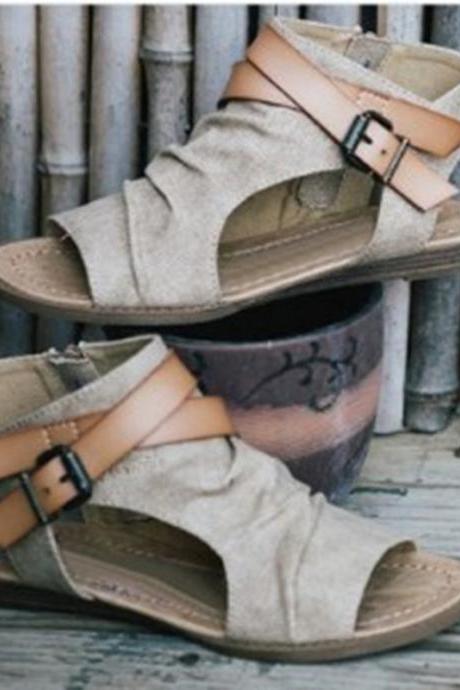 Belt Buckle Cowboy Cloth Roman Low Wedge Heel Open Toe Flat Sandals
