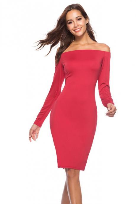 Pure Color Off Shoulder Long Sleeve Knee-length Dress