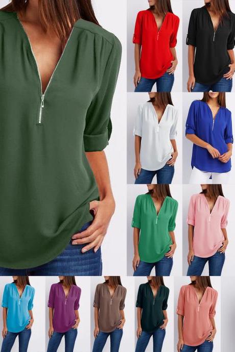 V-neck Candy Color Front Zipper Long Sleeves Loose Blouse