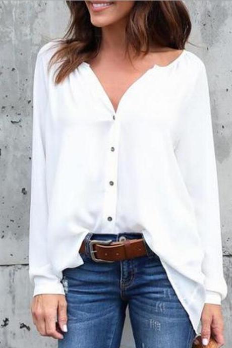 V-neck Loose Button Pure Color Long Sleeves Blouse
