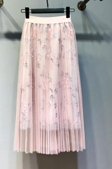 Embroidery Floral Pleated Lace High Waist Loose Long Skirt