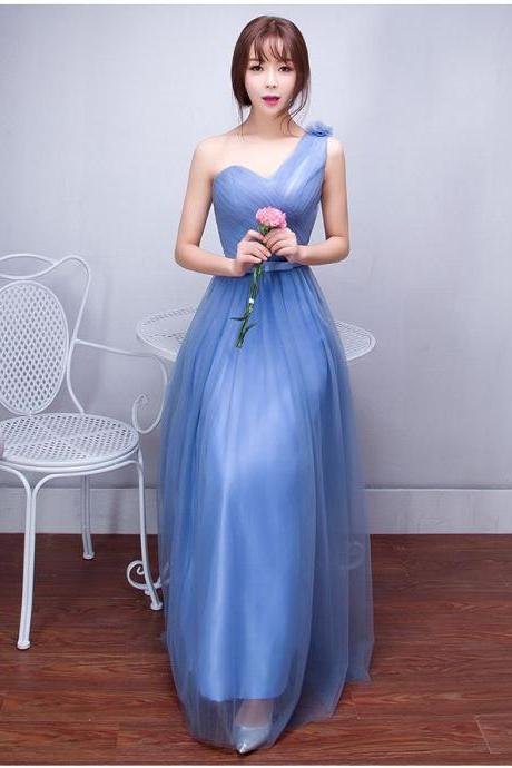 One Shoulder Pleated Empire High Waist Long Tulle Bridesmaid Party Dress