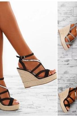Women Wedge Sandals Simple Style Straps Slope Heel Pure Color Peep-toe Ankle Strap