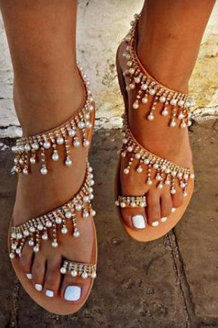 Pearl Thong Pure Color Flat Ankle Strap Women Beach Sandals