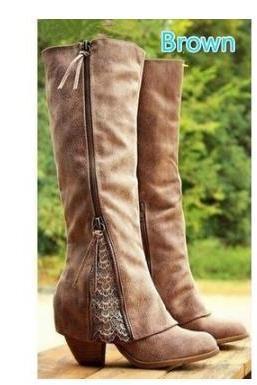 Lace Suede Patchwork Side Zipper Chunky Low Heels Knee Boots