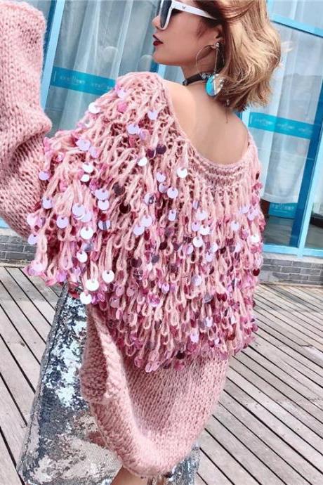 Tassels Sequins Loose Knit Women Oversized Cocoon Cardigan