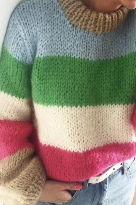 Rainbow Color Stripe Long Bishop Loose Women Pullover Sweater