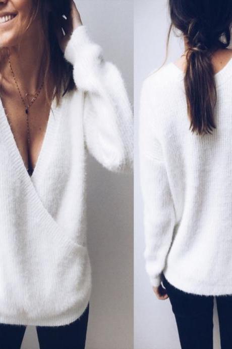 Deep V-neck Solid Color Women Pullover Wrap Sweater