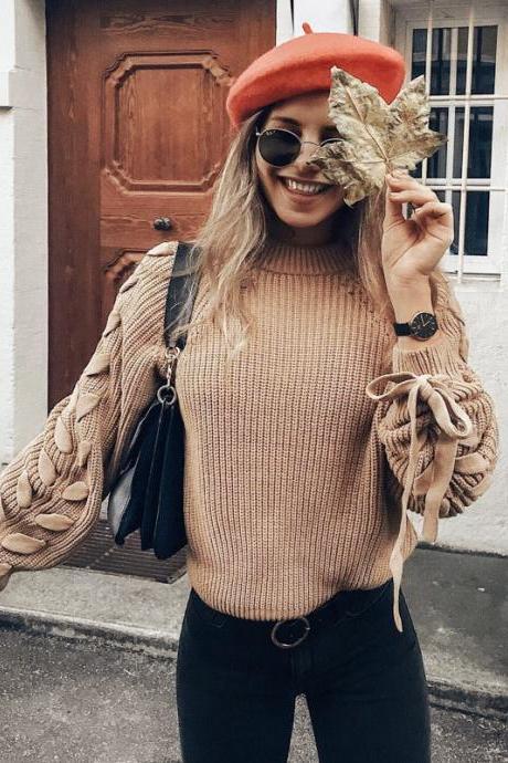 Crew Neck Straps Lace Up Loose Women Pullover Sweater