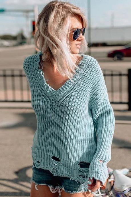 Deep V-neck Beggar Style Holes Loose Pullover Sweater