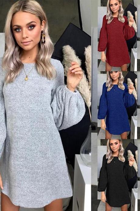 Crew Neck Loose Long Bishop Sleeves Pullover OVersized Sweater Dress