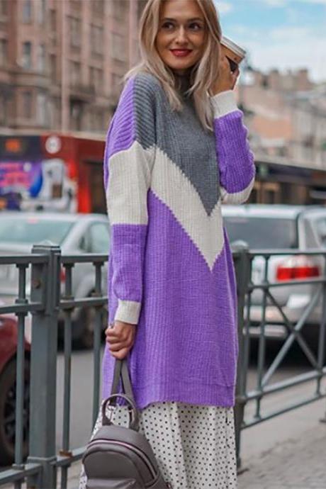 Color Patchwork Crew Neck Loose Oversized Long Sweater Dress