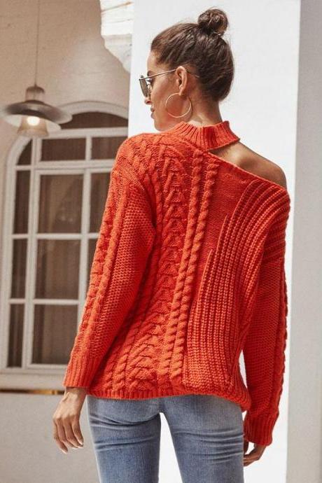 CUT OUT SHOULDER CABLE KNIT SWEATER