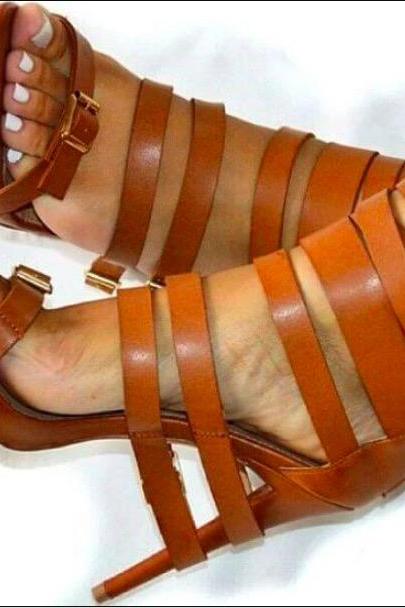 Brown Buckle Cutout Leather High Heel Sandals