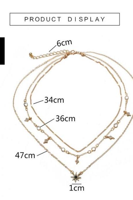 Multilayered Golden Clavicle Chain Stars Geometric Rhinestone Pendant Party Jewelry