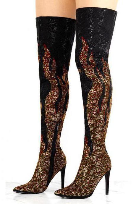 Fashion Black Rhinestone High Heel Thigh High Boots