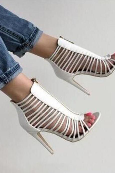 White Leather Cutout Zipper High Heel Sandals