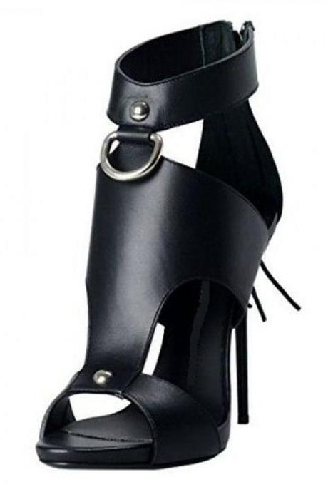 Sexy Black Leather Zipper Open Toe High Heel Sandals